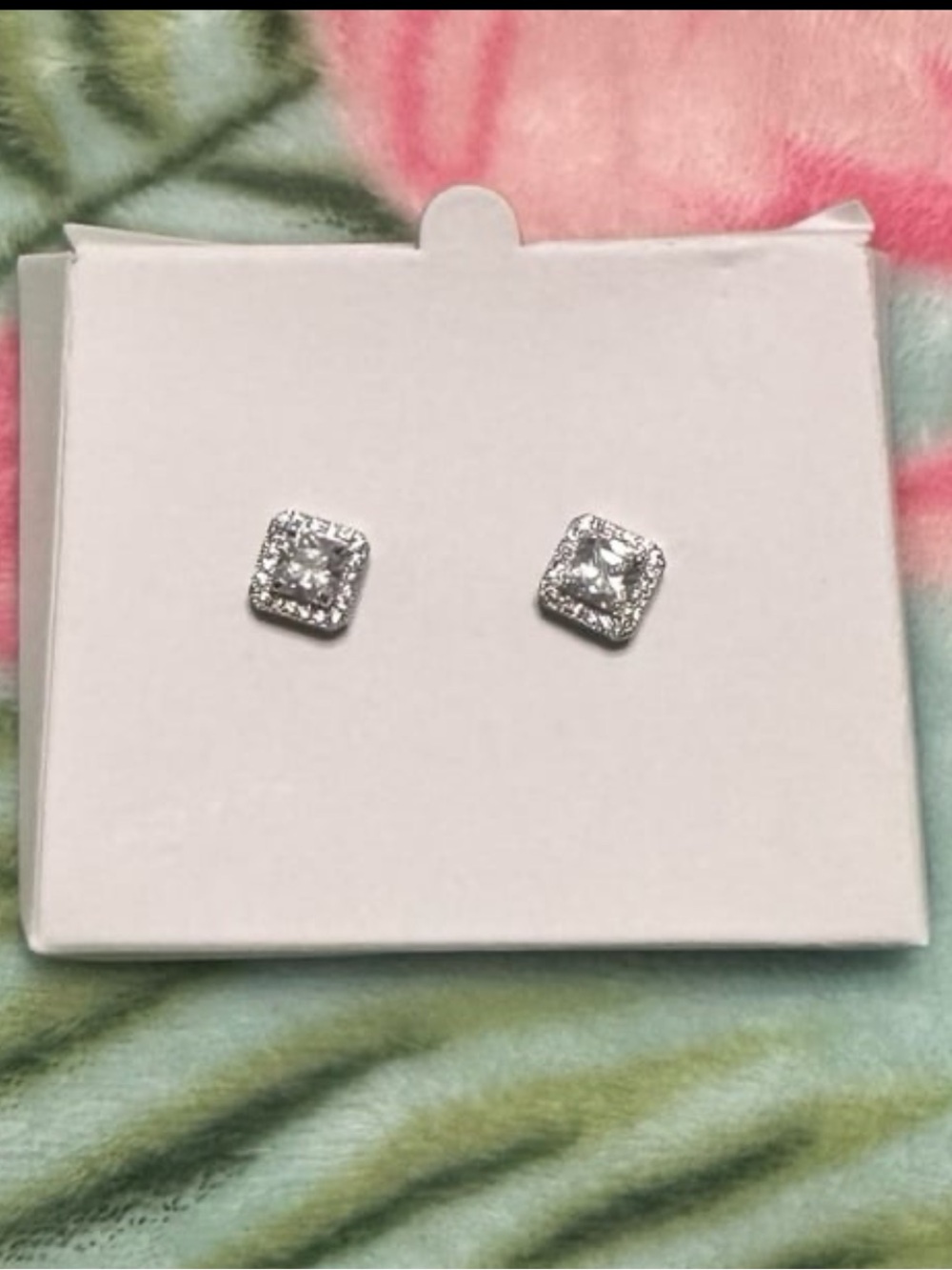Sparkly Square Halo Stud Earrings Silver Clear CZ Crystal Elegant Brand New - Picture 5 of 6